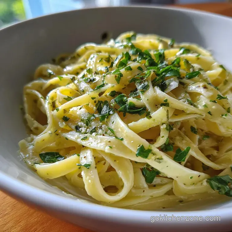 Elegant plate of creamy pasta, lemon zest dusting the top, herbs sprinkled around the rim, inviting and delicious.