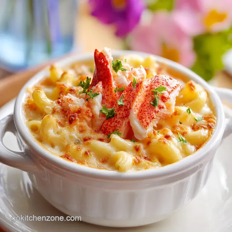 Elegant portion of creamy lobster mac and cheese, garnished with fresh herbs on a white plate, hints of melted cheese.