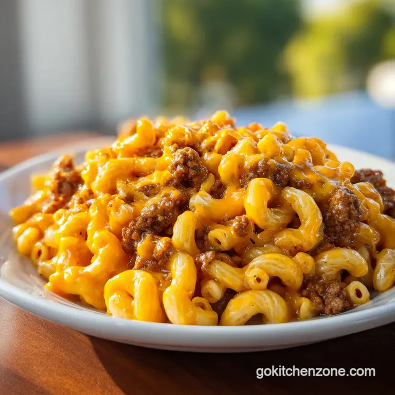 A white ceramic bowl filled with hearty beef and macaroni, topped with melted cheese and chopped green onions.