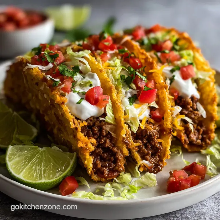 A single baked taco, bursting with savory filling, sits on a plate, garnished with fresh cilantro and a vibrant lime wedge.