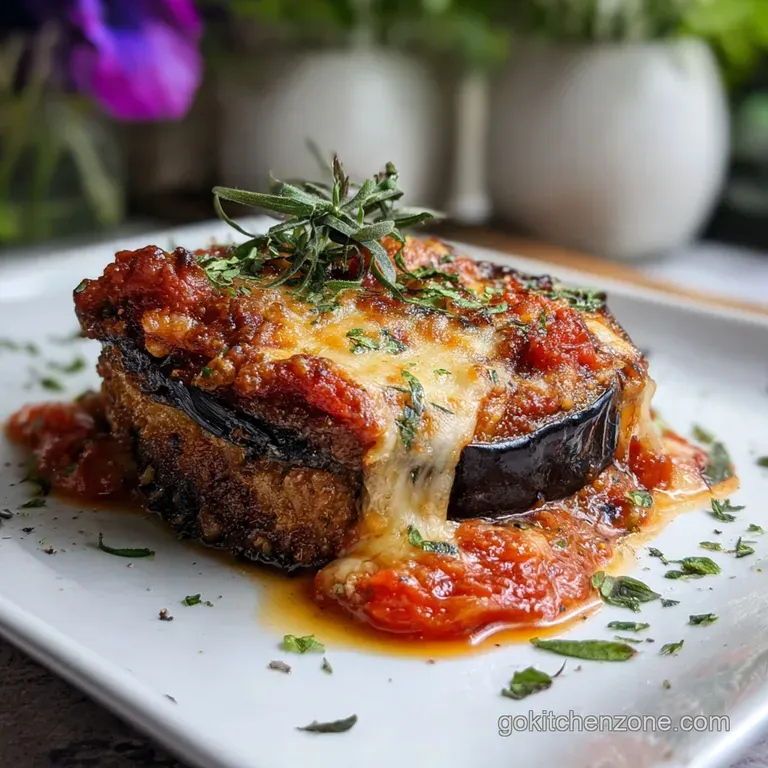 Slices of eggplant parmesan stacked high, oozing cheese, atop a white plate with a bright green basil garnish.