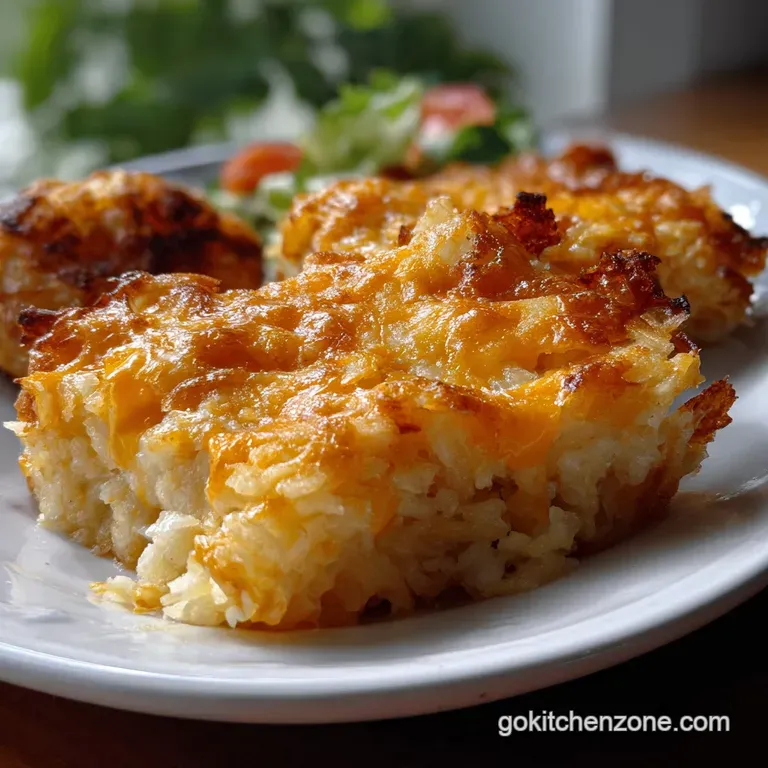 Creamy hashbrown casserole, elegantly portioned on a white plate, garnished with fresh chives, offering a delightful textu...