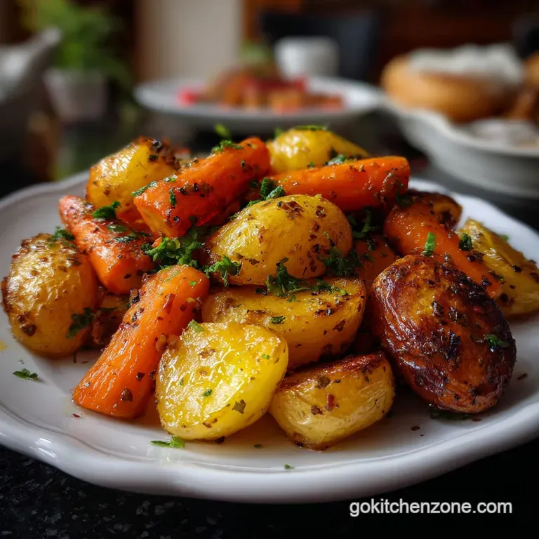 Tender roasted potatoes arranged on a plate with fresh rosemary sprigs and a drizzle of olive oil, evoking warmth and comf...