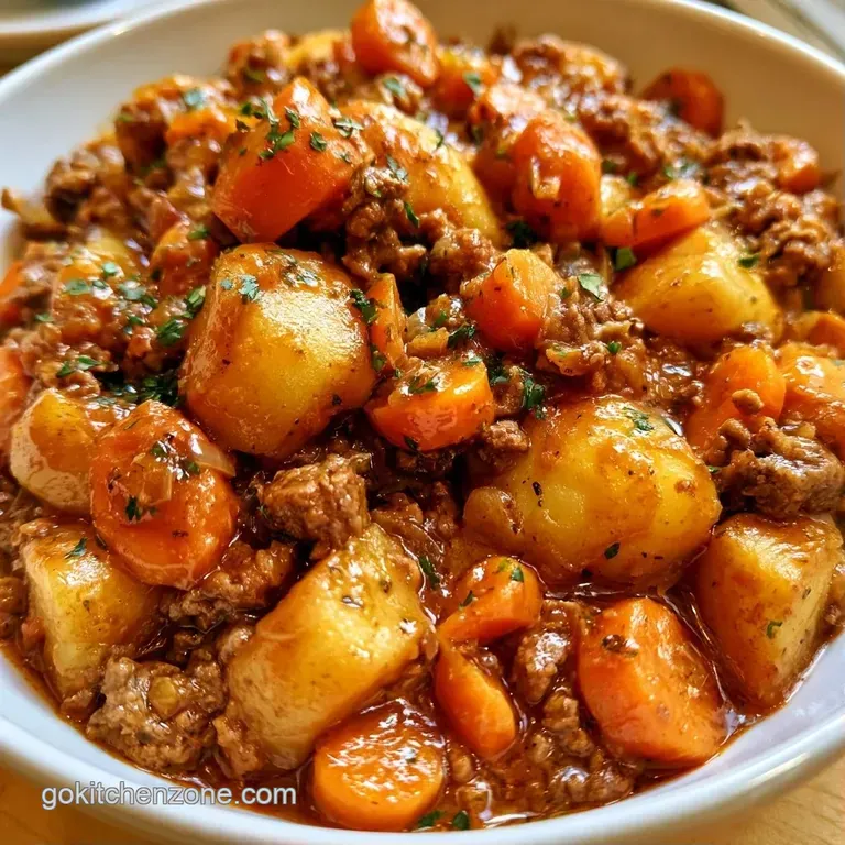A deep white ceramic bowl of thick beef and potato stew topped with fresh parsley and a side of crusty bread.