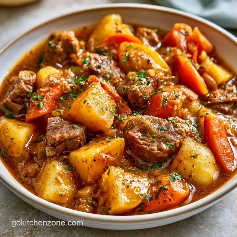 A white ceramic bowl filled with savory beef and potato stew, garnished with chopped parsley and a side of crusty bread.