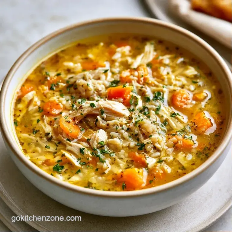 Hearty vegetable and grain soup in a white bowl, garnished with fresh herbs and served with a crusty bread slice.