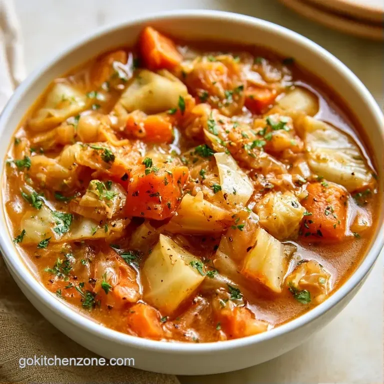 A deep ceramic bowl of steaming vegetable soup garnished with fresh parsley and served with a crusty bread slice.