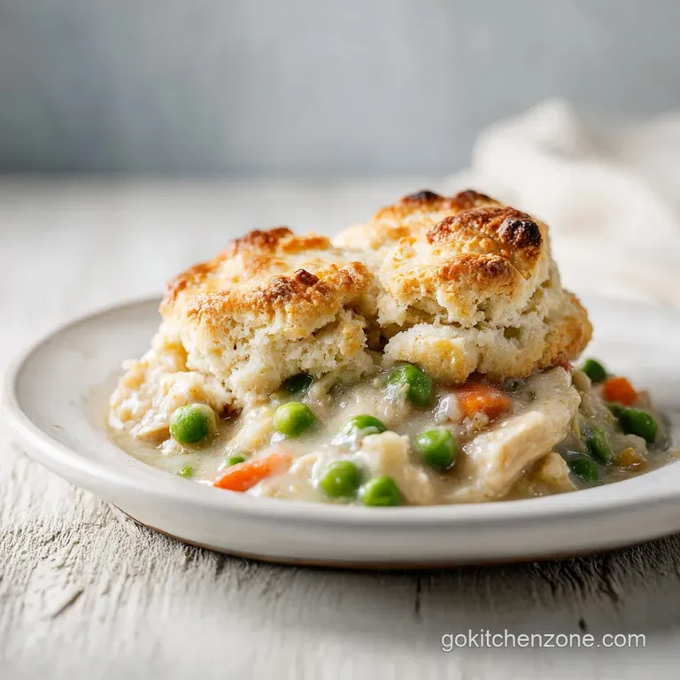 Individual serving of creamy chicken pot pie with a flaky, browned biscuit, garnished with fresh thyme on a white plate.