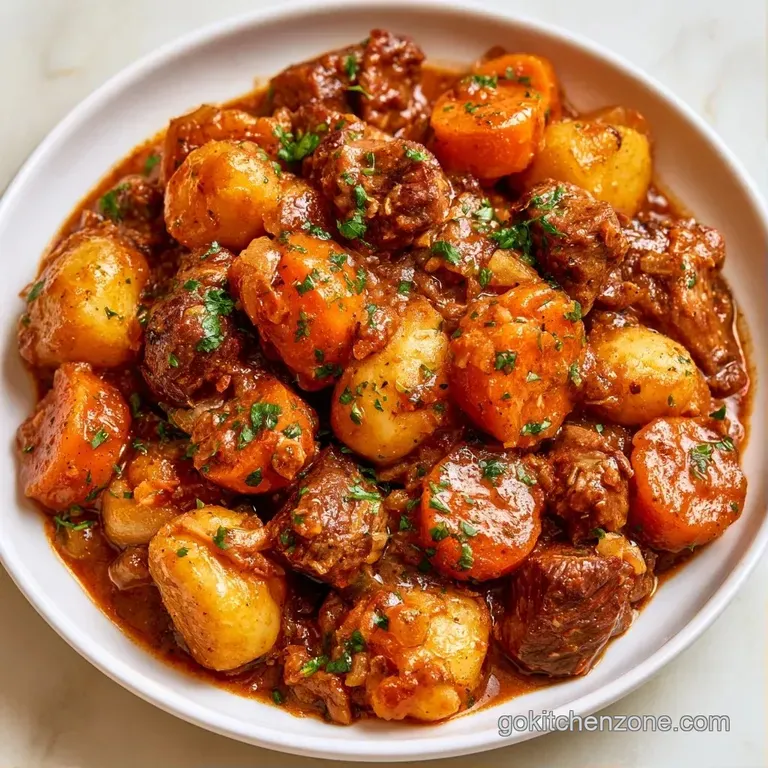 Elegant white bowl of thick beef and potato stew garnished with chopped herbs next to a rustic piece of sourdough.