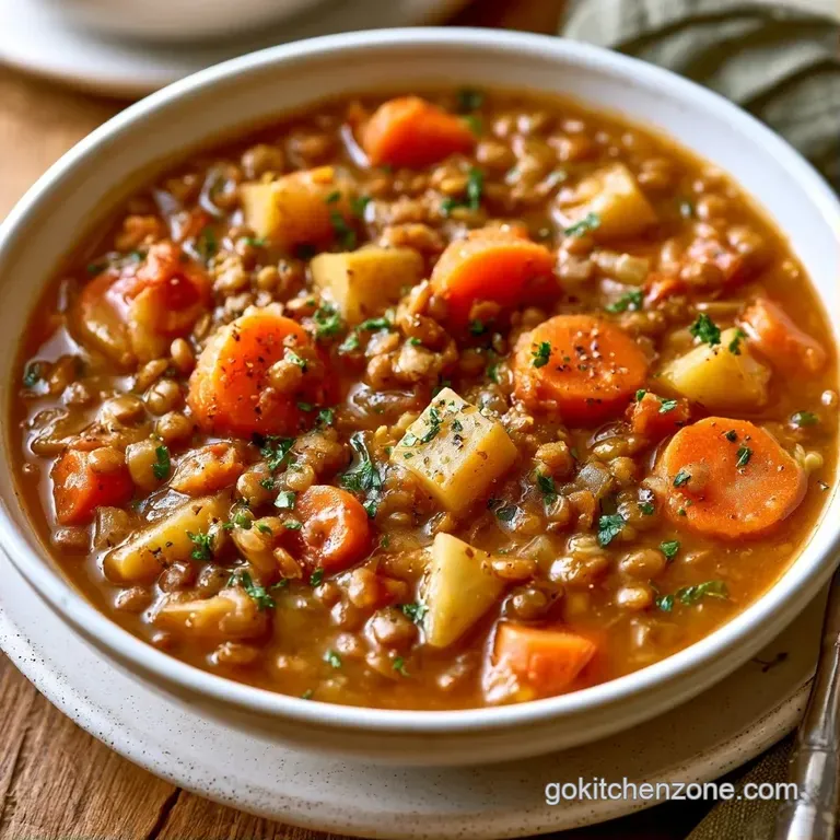 A ceramic white bowl of thick lentil stew topped with a dollop of Greek yogurt and fresh green parsley leaves.