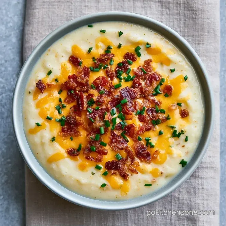 A white ceramic bowl of thick white soup topped with melted cheddar, crispy bacon, and a sprig of fresh parsley.