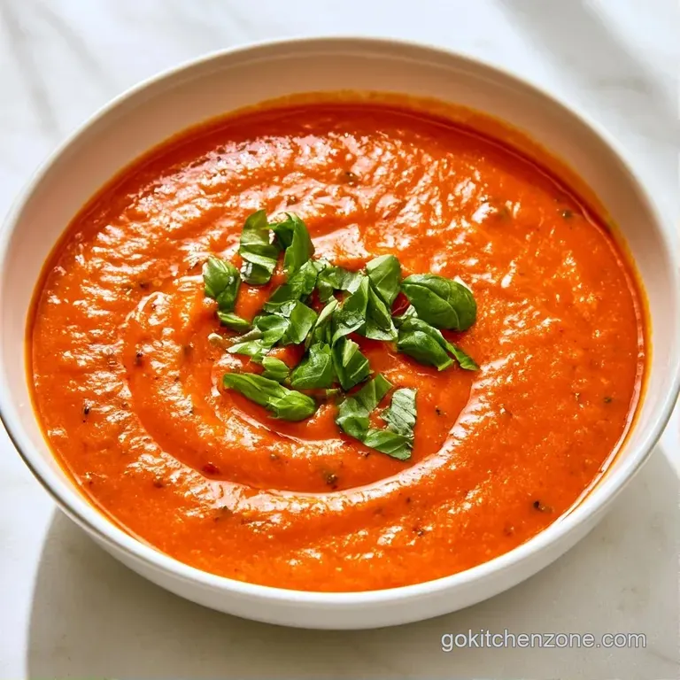 A deep white bowl of smooth red soup topped with a drizzle of olive oil and a crisp sprig of fresh basil.
