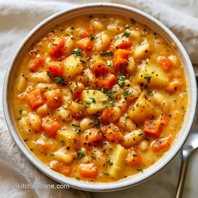 Thick, creamy white bean puree in a white porcelain bowl topped with olive oil and a sprig of fresh thyme.