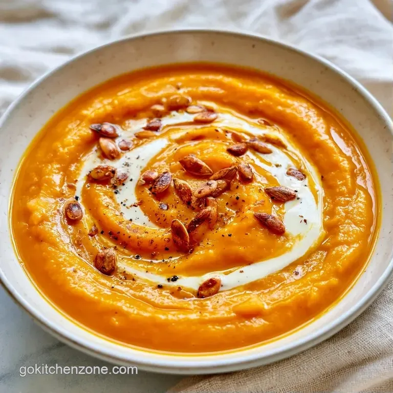 Elegant white bowl of smooth orange puree decorated with a spiral of cream and a sprig of fresh cilantro.