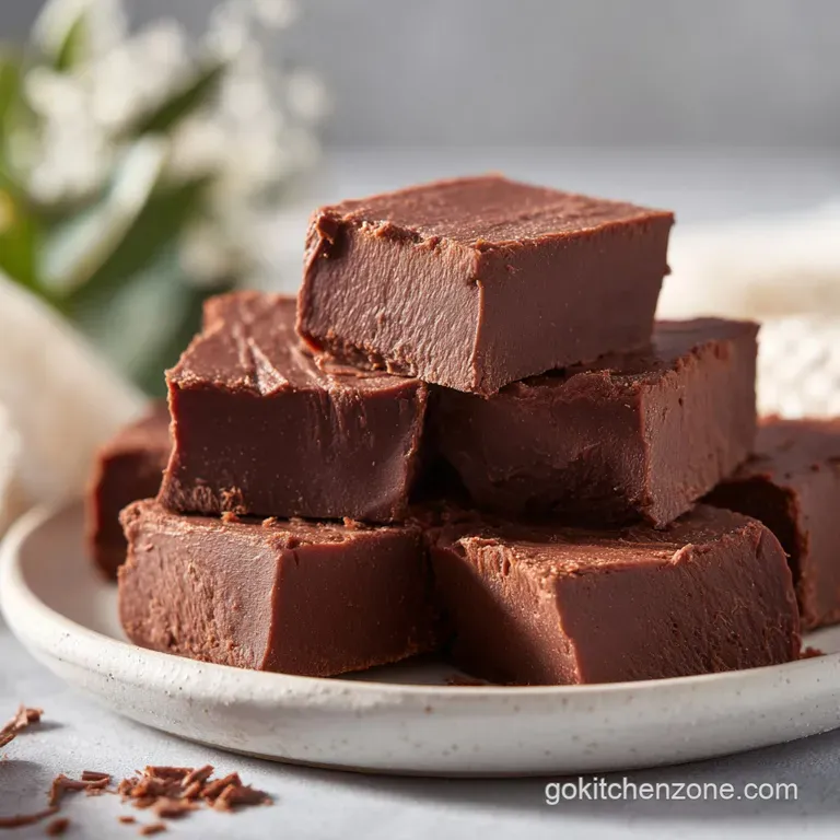 A generous slice of dark chocolate fudge, dusted with cocoa powder, artfully arranged on a slate plate.