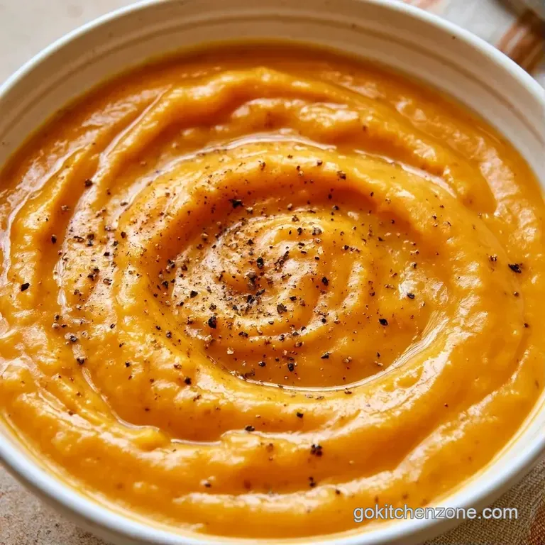 Elegant white bowl of velvety potato soup finished with a swirl of heavy cream and a fresh sprig of parsley.