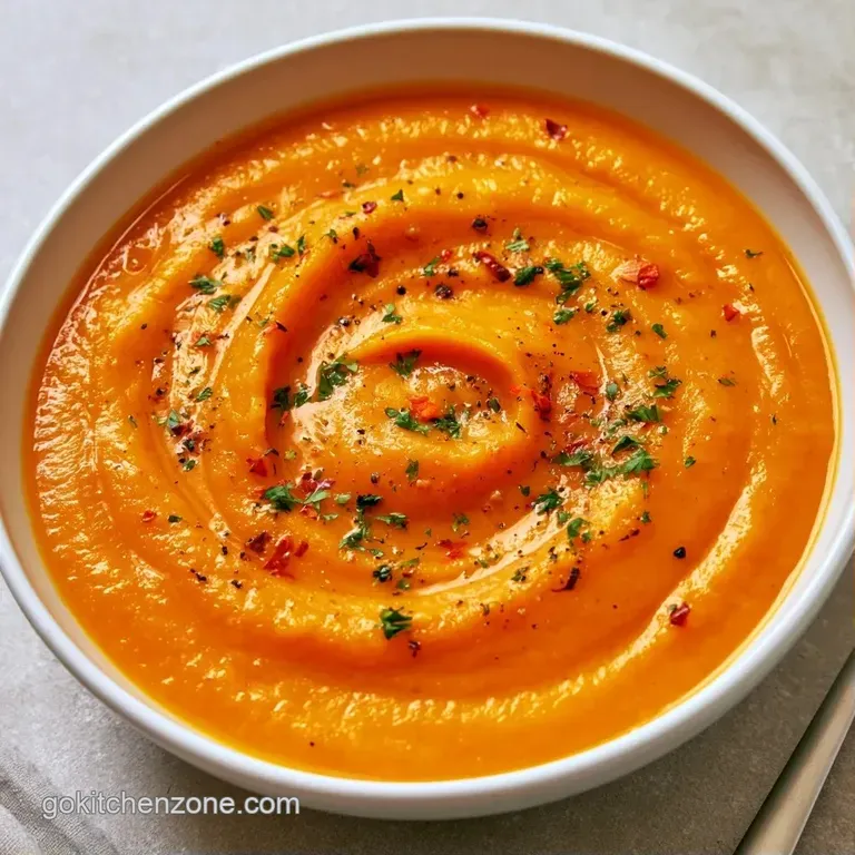 Vibrant orange soup served in a white porcelain bowl with a swirl of cream and a sprig of fresh green parsley.