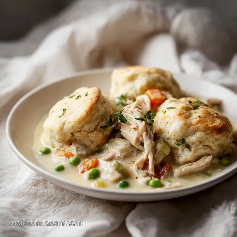 A rustic bowl brimming with tender chicken pieces, pillowy dumplings, and a glistening broth.