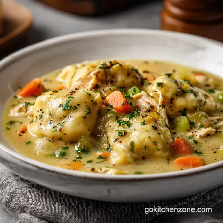 A steaming bowl of chicken and dumplings, garnished with fresh parsley. Fluffy dumplings contrast with the rich, creamy br...
