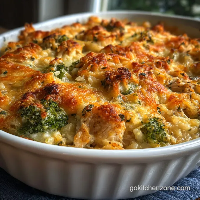 Creamy, cheesy casserole scoop with bright green broccoli on a white plate. A comforting, delicious family meal.