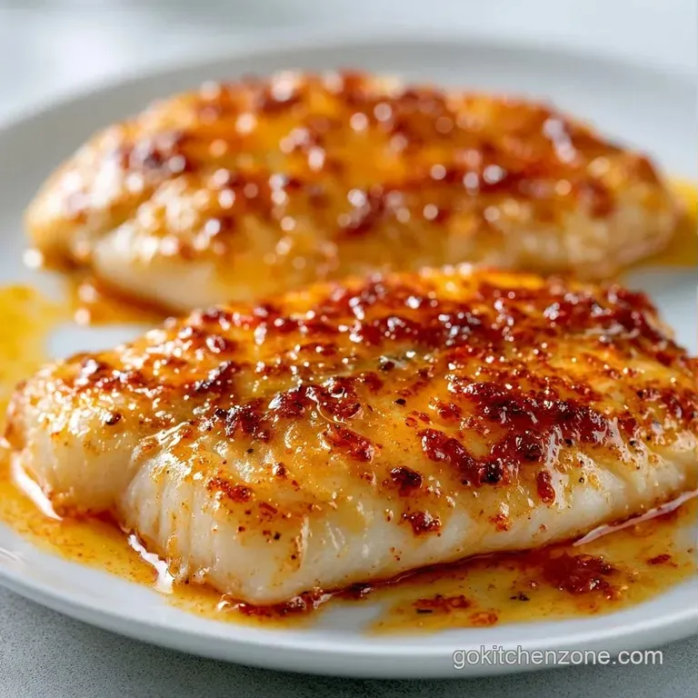 Pan-seared white fish fillet on a white plate with steamed asparagus and a drizzle of melted golden butter.