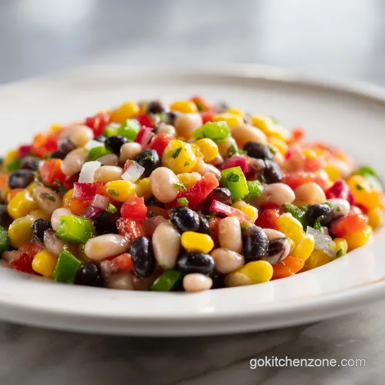 Cowboy Caviar served in a clear glass bowl, alongside crispy tortilla chips. Bright & fresh, a crowd-pleasing appetizer.