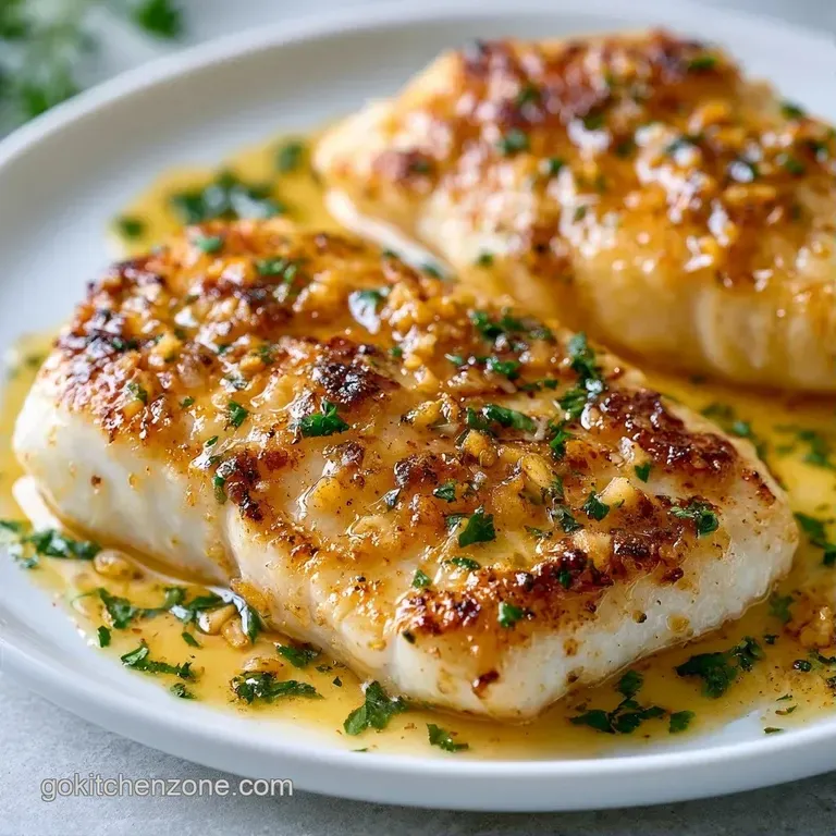 Searing white fish fillets on a white ceramic plate, garnished with bright parsley and a fresh lemon wedge.