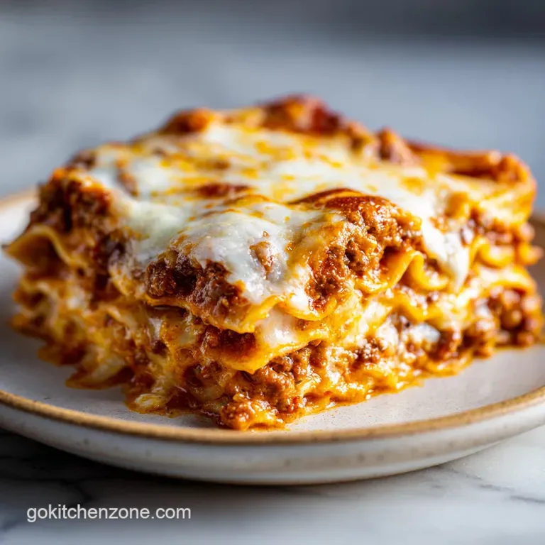 A slice of layered lasagna, creamy ricotta filling oozing out, rich tomato sauce, basil sprig, all on a white plate.