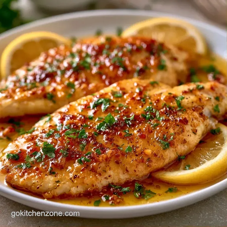 A delicate white fish fillet topped with melted garlic butter and a fresh parsley sprig on a dark slate plate.