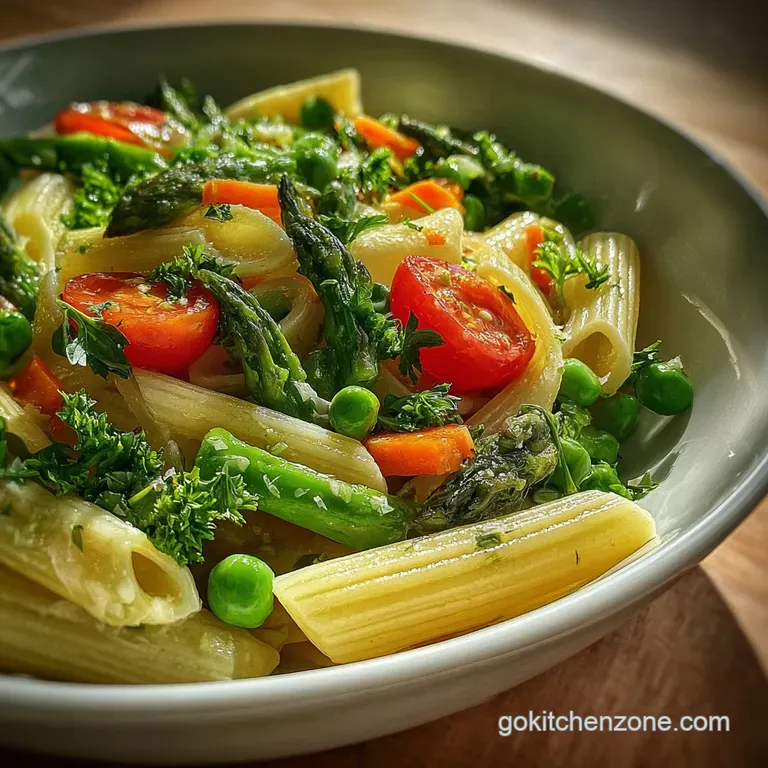 Elegant plate of pasta primavera: bright green asparagus tips, cherry tomatoes, and Parmesan shavings accent creamy, lemon...