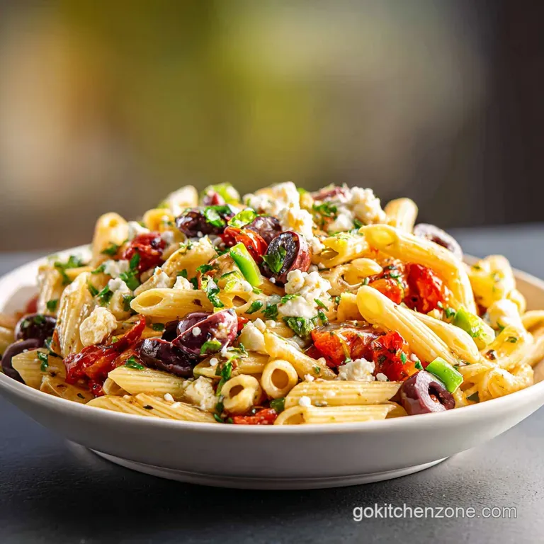 A bright and fresh pasta salad artfully arranged on a white plate, showcasing the textures of each ingredient.