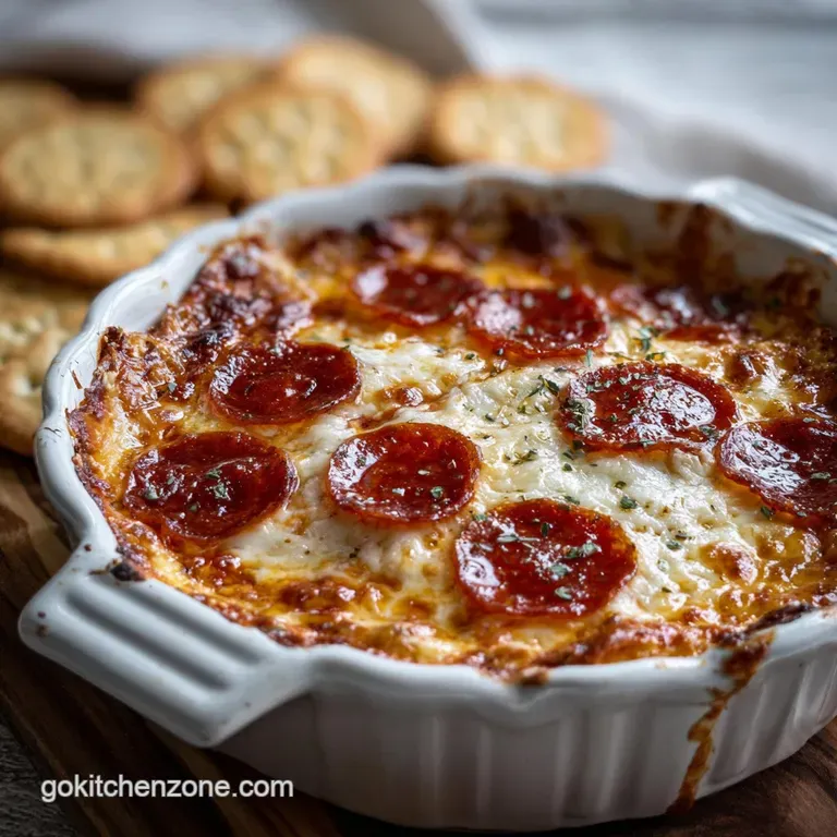 Creamy pizza dip in a white bowl, served with toasted baguette slices and crispy breadsticks for dipping, ready to be enjo...