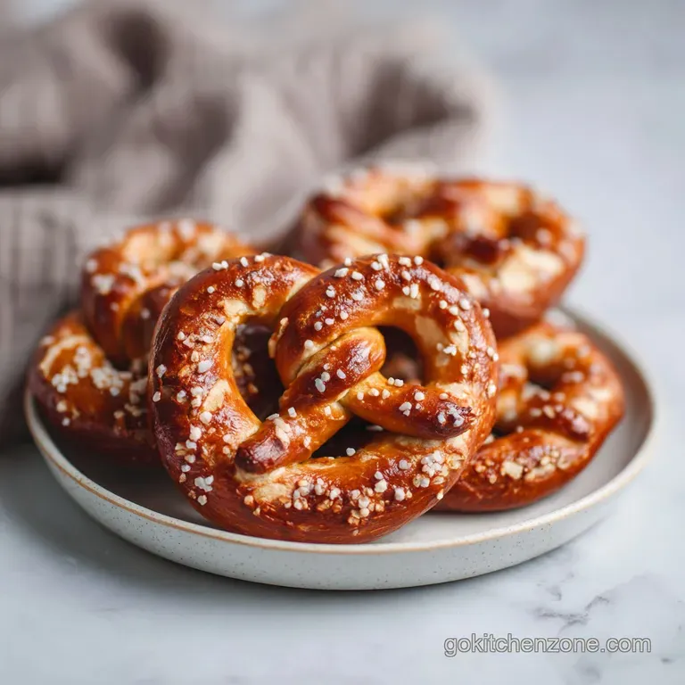 A single, perfectly baked soft pretzel, glistening and warm, served on a rustic wooden board with dipping sauce.