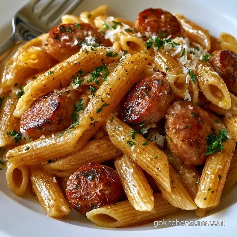 Twirled pasta topped with seared sausage rounds and a sprinkle of fresh parsley on a matte white ceramic plate