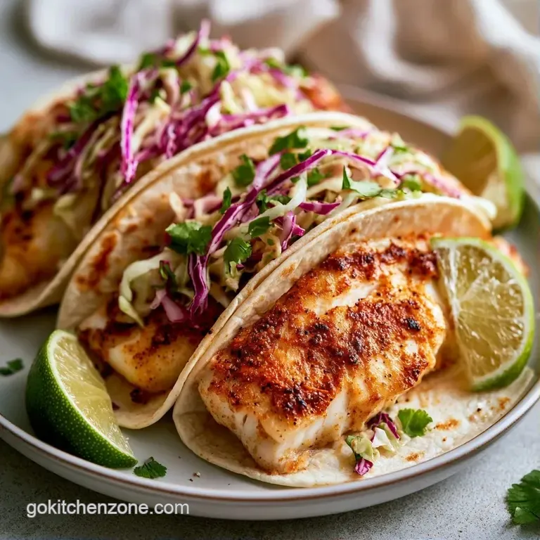 Three tacos artfully arranged on a matte platter with bright lime wedges and a side of creamy white sauce.