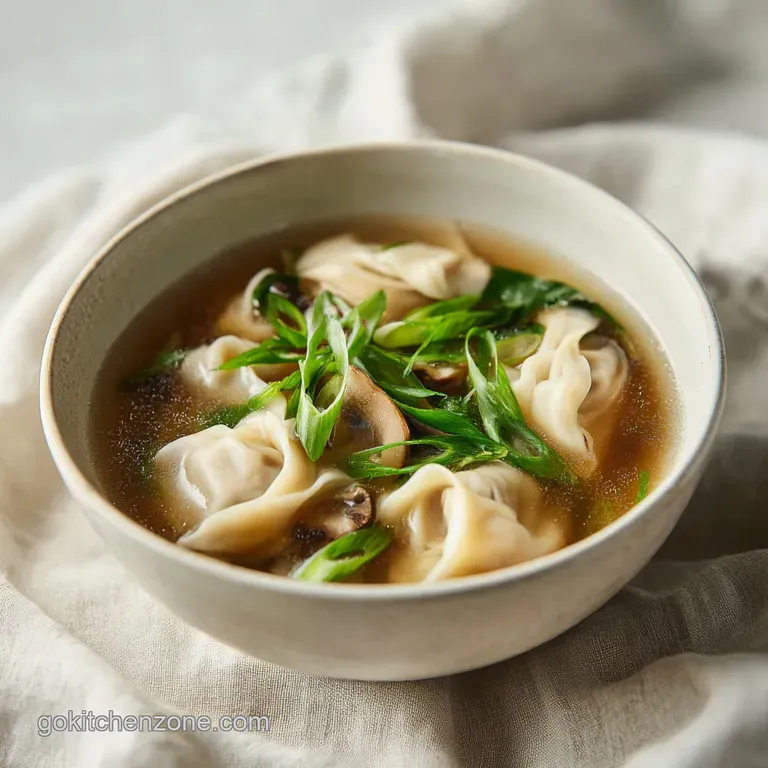 A delicate bowl of wonton soup: translucent broth, vibrant greens, and tender wontons create an inviting and comforting meal.