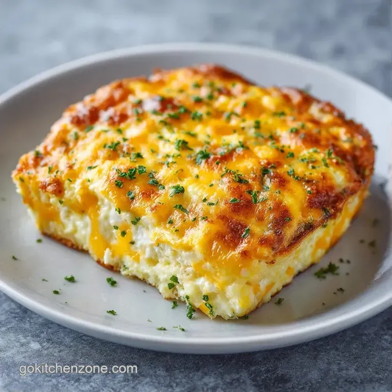 A neat square slice of melted cheese and eggs on a white plate, topped with chopped scallions and cracked pepper.