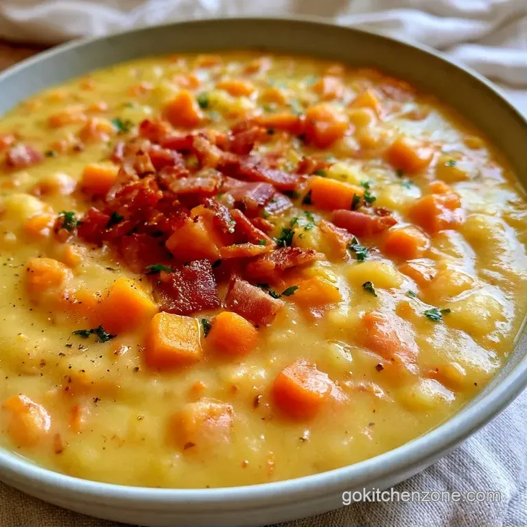 Thick white soup in a white bowl topped with crispy bacon and herbs, styled with autumnal leaves on a wooden tray.