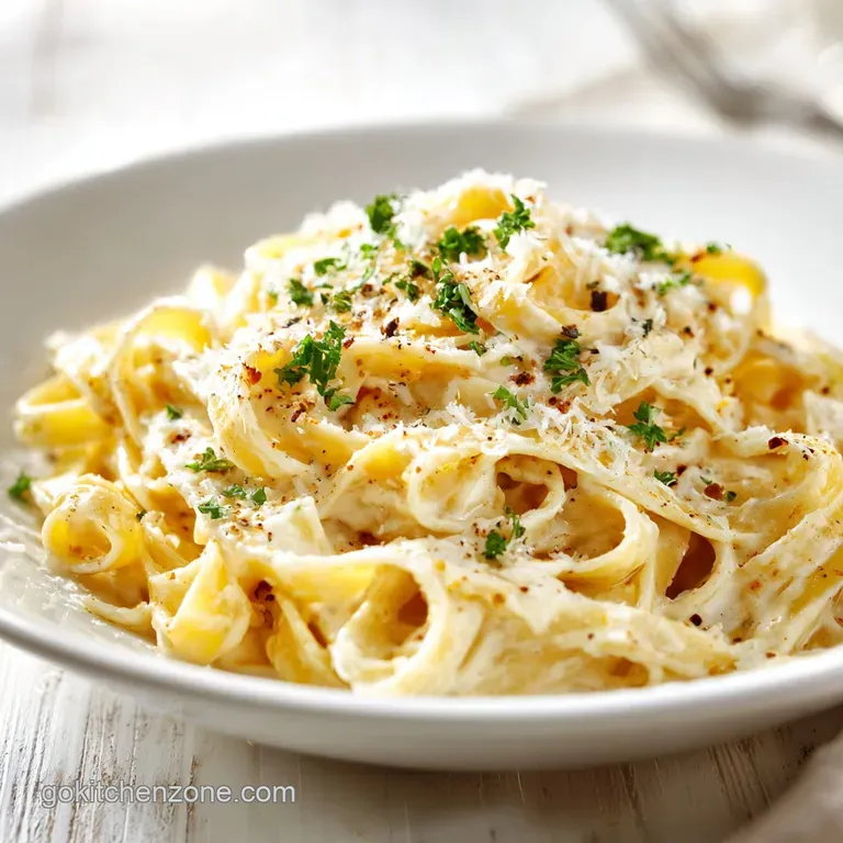 Elegant white plate showcasing a generous swirl of fettuccine alfredo, topped with a sprinkle of black pepper.