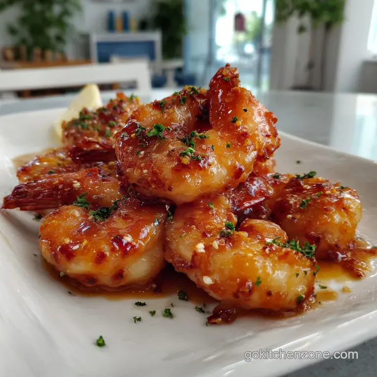 Plated firecracker shrimp with a glossy, crimson glaze, artistically arranged with rice and a sprinkle of black sesame seeds.