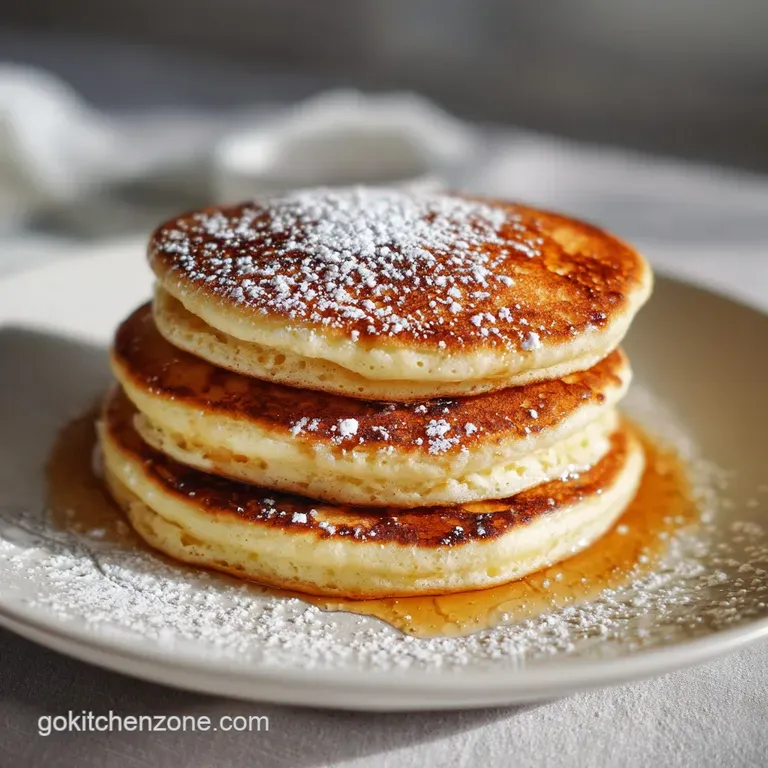 Three fluffy pancakes on a white plate topped with fresh blueberries and whipped cream. Maple syrup glistens in a small pi...