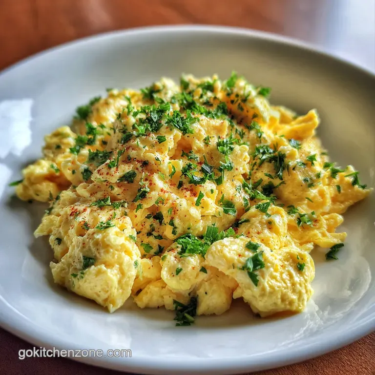 Fluffy scrambled eggs nestled on a white plate, speckled with fresh chives and a crack of pepper, hinting at a savory flavor.