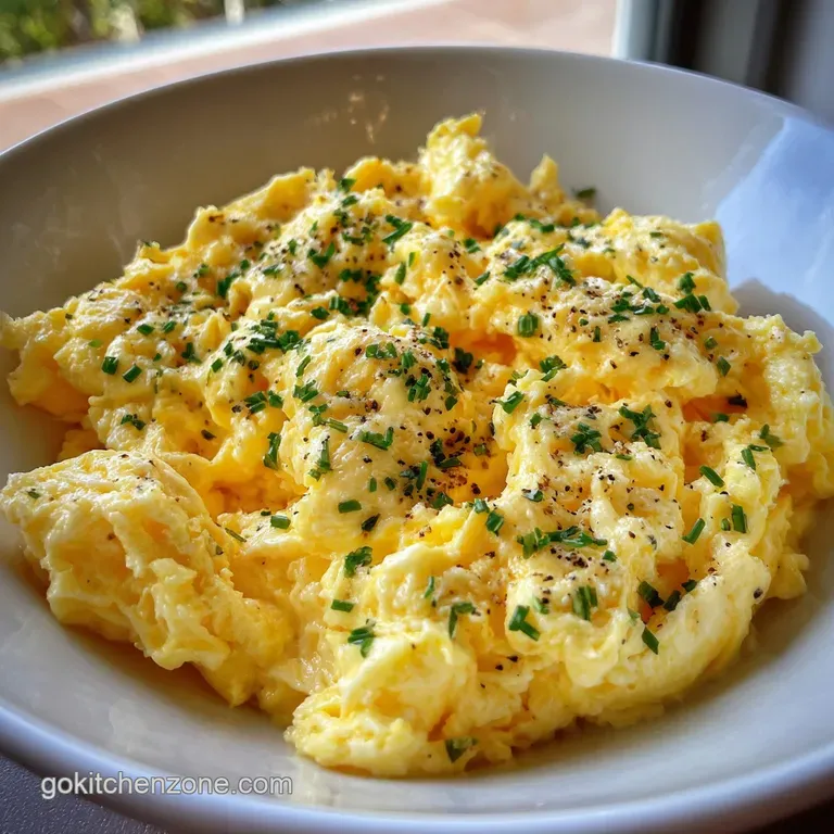 Delicate mound of satiny scrambled eggs, garnished with chives, alongside toasted bread and ripe red tomatoes on a white p...