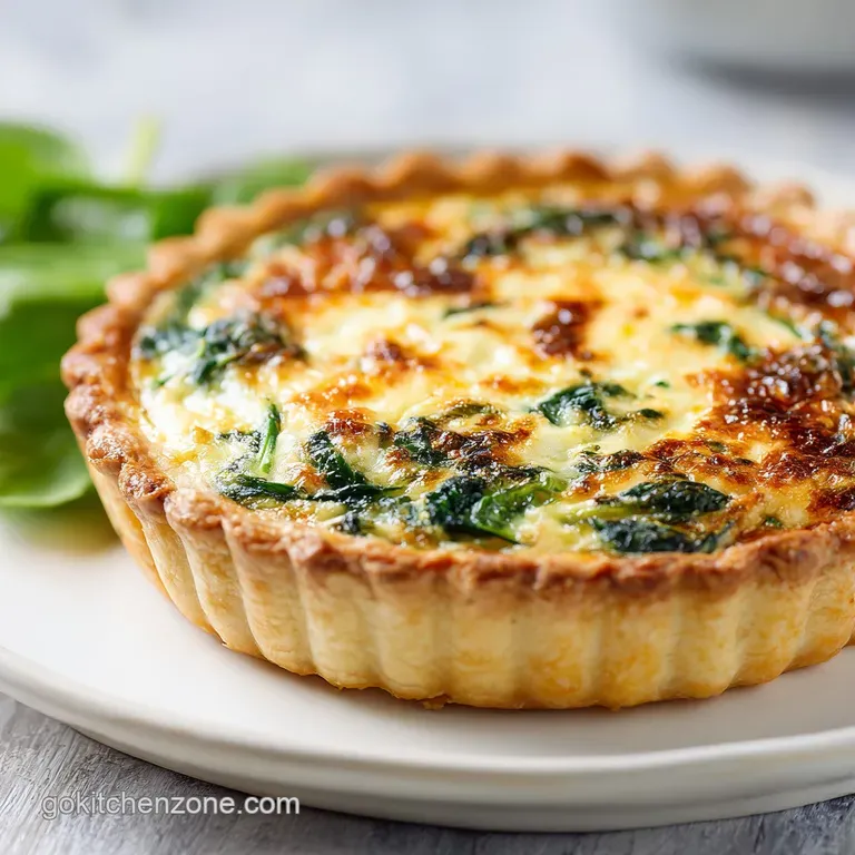 Slice of warm quiche presented on a white plate. The creamy filling contrasts with the flaky, golden crust and deep green ...
