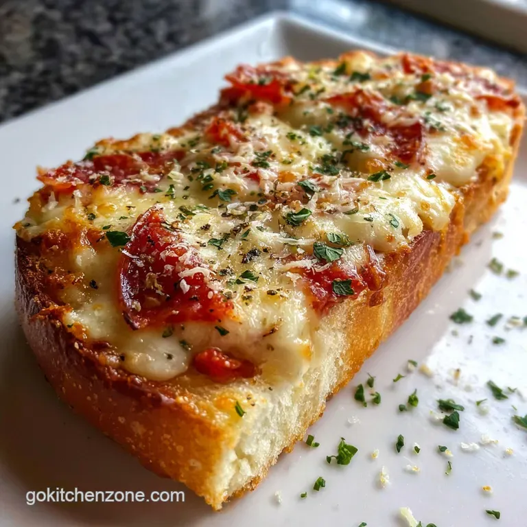 Crisp French bread pizza slice with a perfectly melted, golden-brown cheese pull against a rustic wooden background.