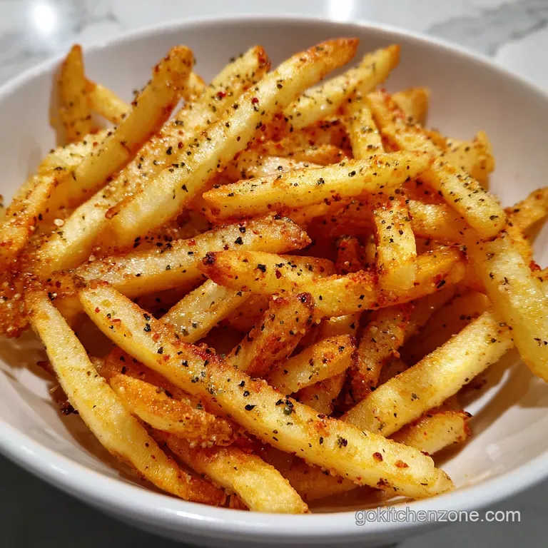 Crisp french fries dusted with vibrant spices, elegantly piled in a cone, hinting at flavorful, savory perfection.