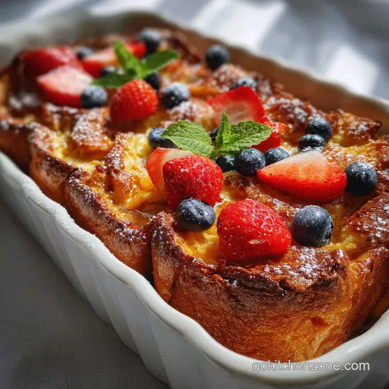 Slice of French toast bake on a plate, glistening with syrup. Whipped cream dollops and fresh berries add color.