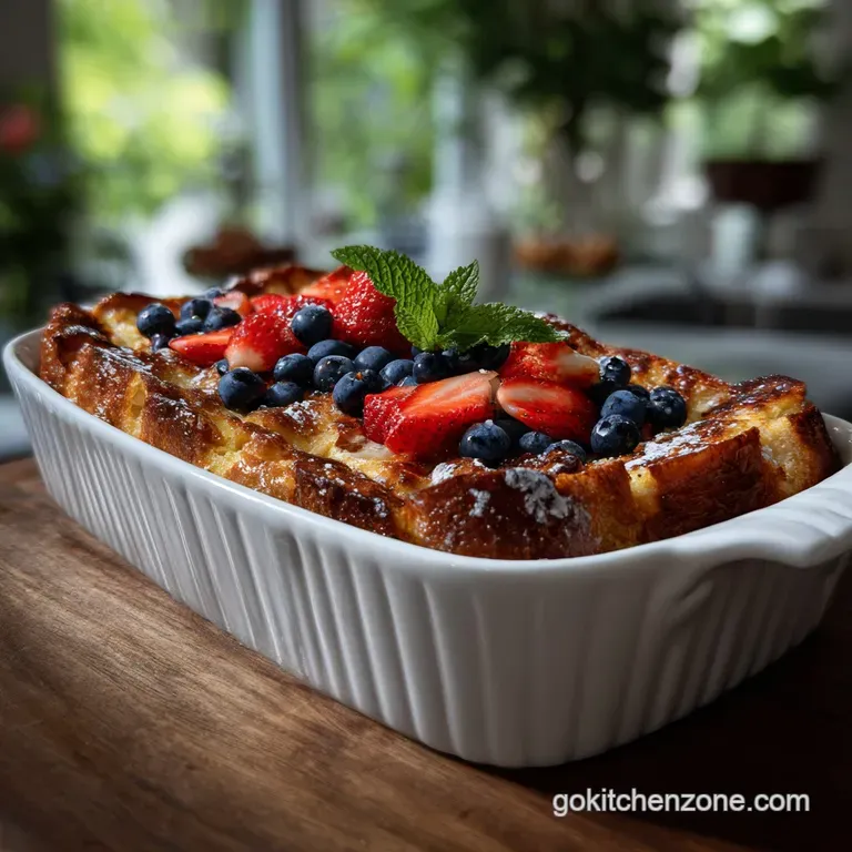 Slice of warm French toast casserole on a plate, topped with fresh berries and a dusting of powdered sugar, steaming sligh...