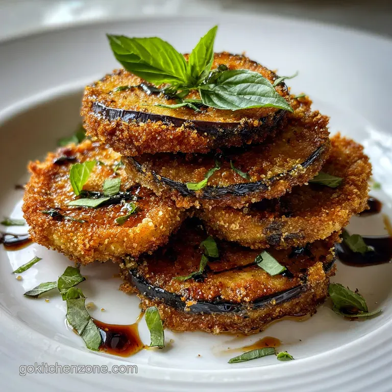 Stack of glistening, perfectly browned fried eggplant rounds on a white plate. Fresh parsley sprig adds a pop of green.