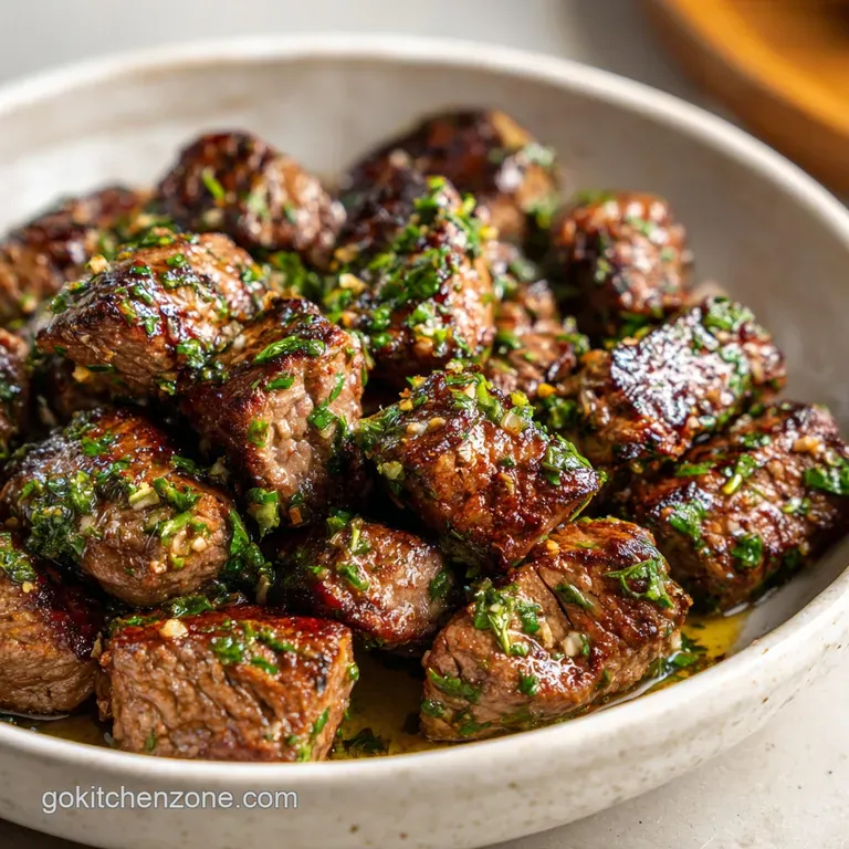 Perfectly cooked minute steak with golden-brown edges, garlic slivers, herbs & resting on a light rustic plate.